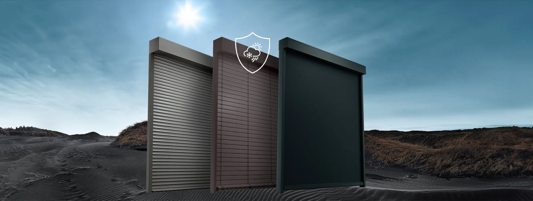 Duinlandschap met zon- en ROMA Rolluiken, Buitenjaloezieën en Screens van textiel plus hoge weersbestendigheid